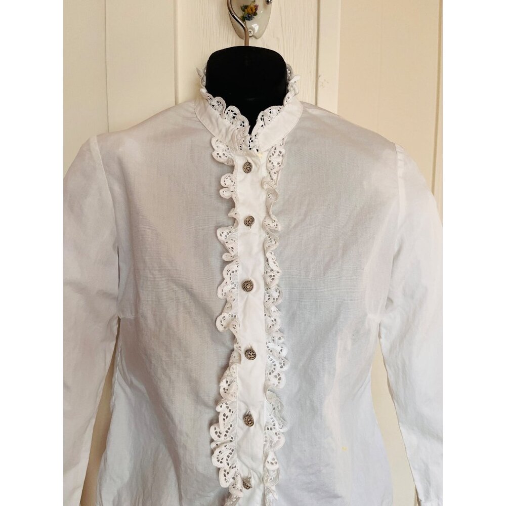 Vintage Austria White Blouse Stitz Kitzbuel Frill Front Ruffled Placket 34 Bust